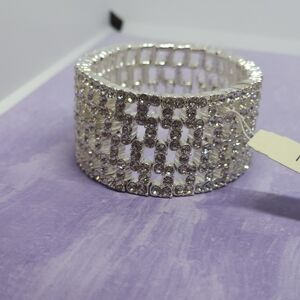 NWT Vintage Monet Silver Tone Crystal Rhinestone Chunky Stretch Bracelet